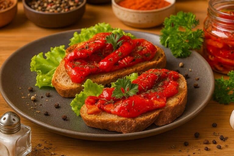 Tartines poivrons grillés sur assiette, garnies de persil.