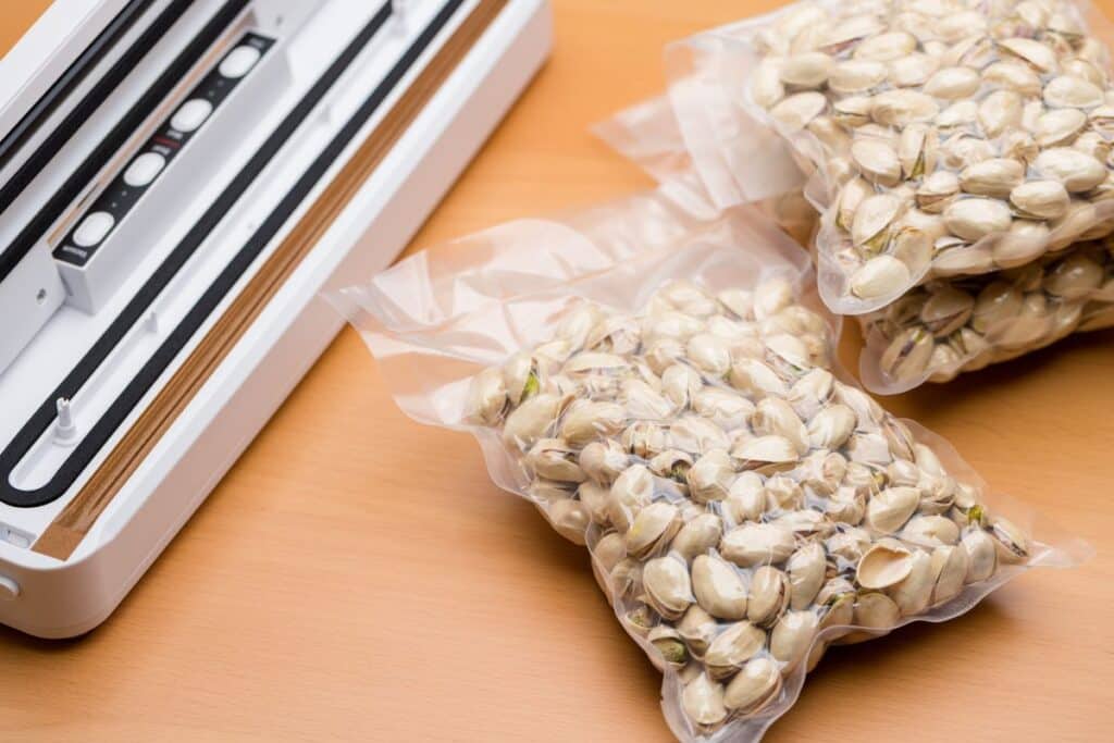 Machine sous vide avec sacs de pistaches scellés.