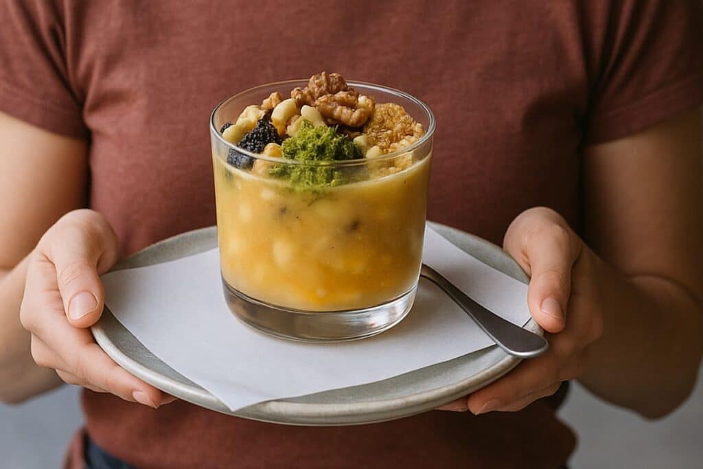 Dessert aux fruits et noix dans un verre.