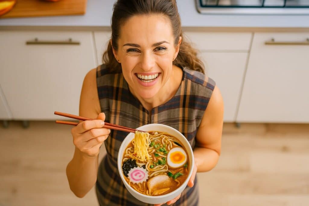 Femme souriante dégustant un bol de ramen japonais.