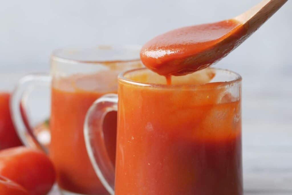 Gobelets de sauce tomate avec cuillère en bois.