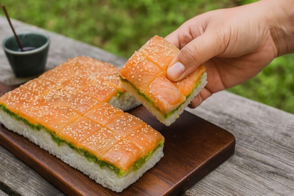Sushi au saumon sur planche de bois.
