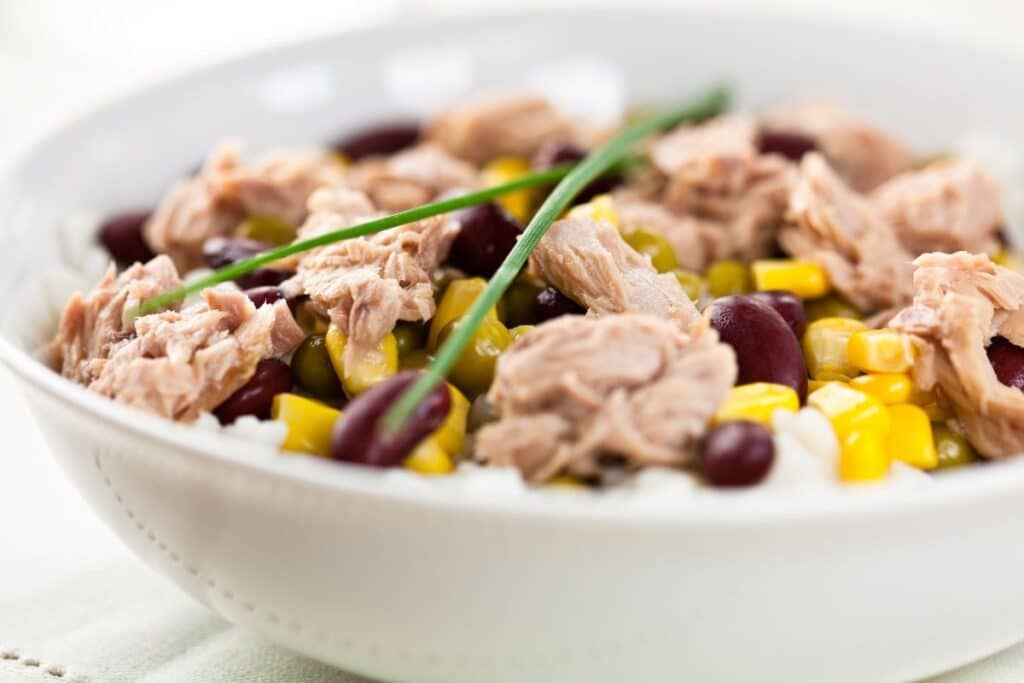 Salade riz, thon, maïs, haricots rouges.