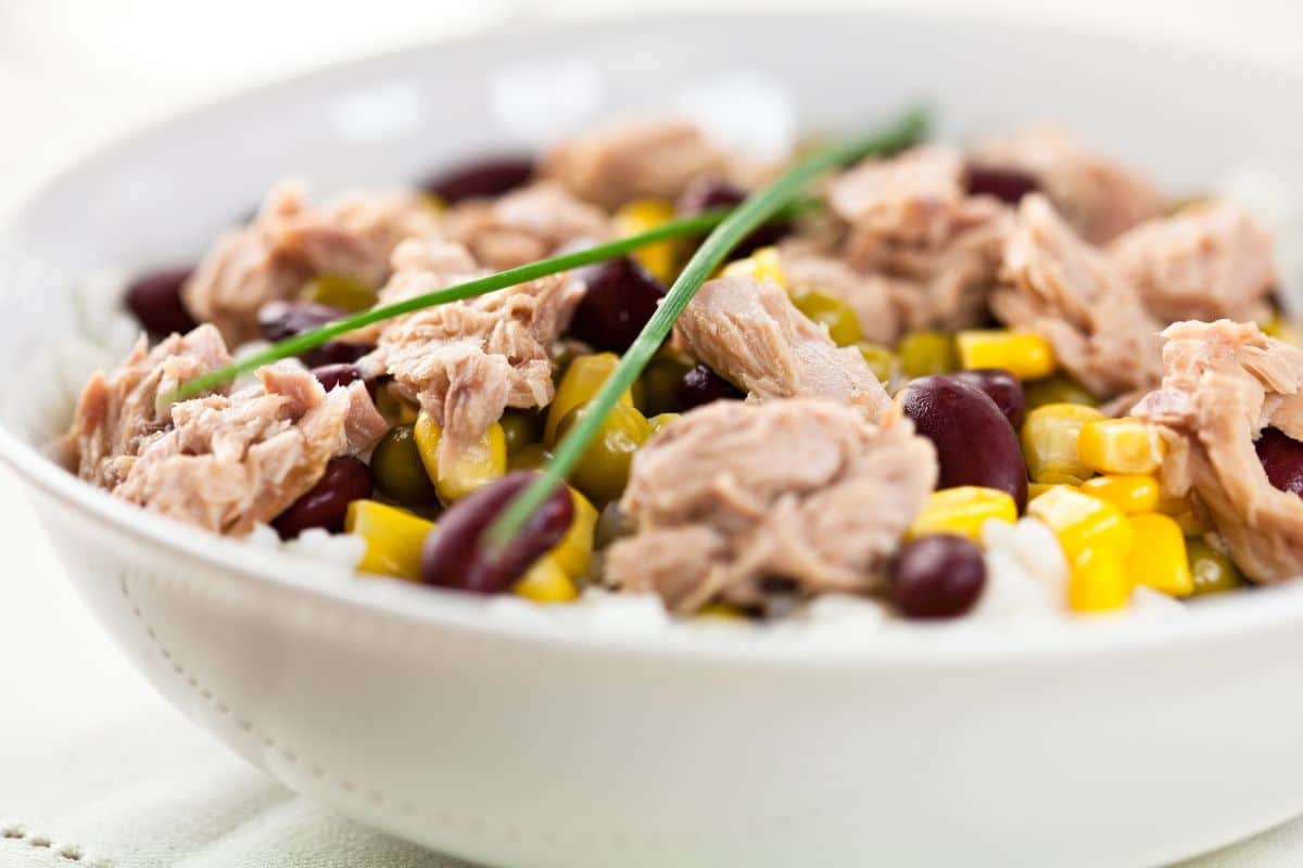 Salade riz, thon, maïs, haricots rouges.