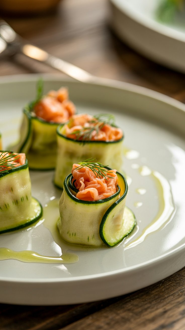 Roulés de concombre au saumon sur assiette blanche.