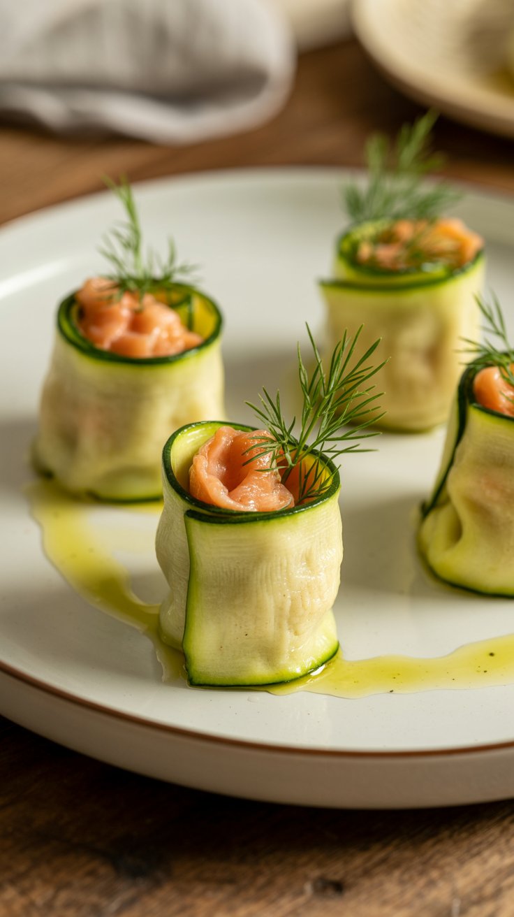 Roulés de saumon et courgette, garnis d'aneth.