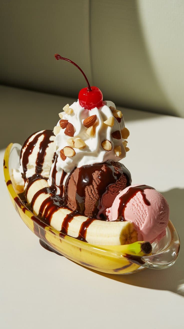Banana split avec glace, crème et cerise.