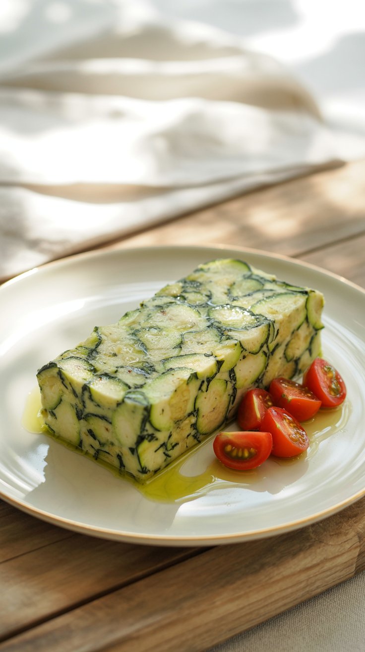 Terrine de courgettes et tomates cerises sur assiette.