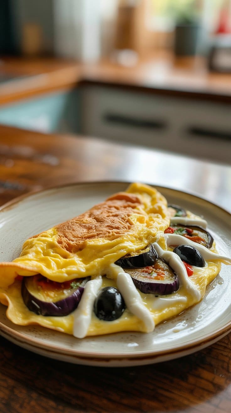 Omelette garnie avec légumes et sauce.