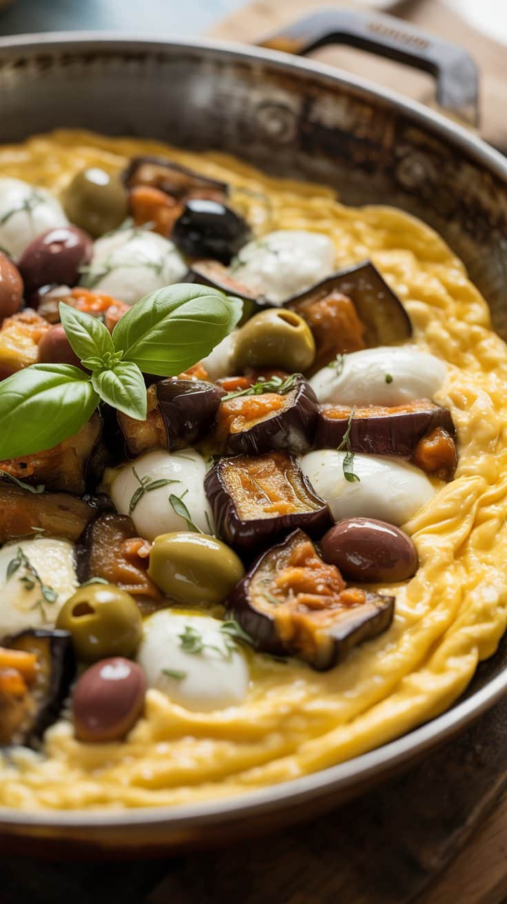 Plat de polenta garnie d'aubergines et olives