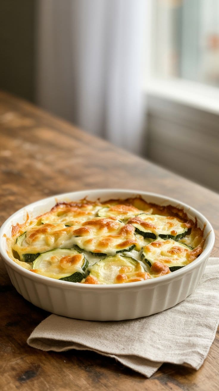 Gratin de courgettes au fromage dans un plat blanc.