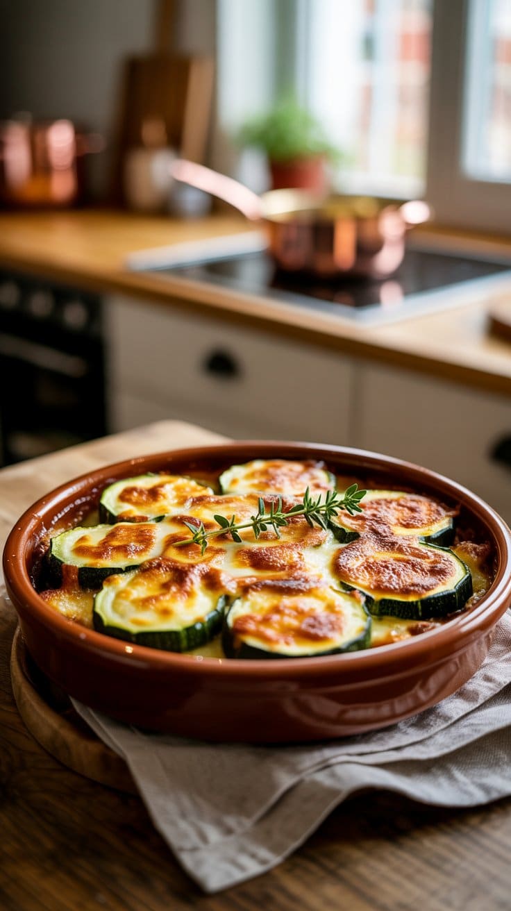 Gratin de courgettes dans un plat en terre cuite.