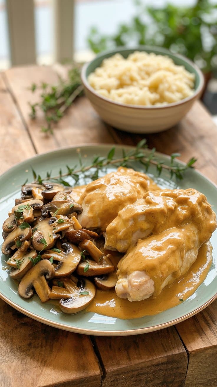 Poulet sauce crémeuse et champignons sur assiette.