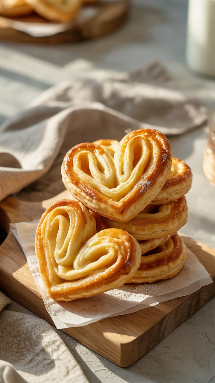 Assortiment de biscuits feuilletés en forme de cœurs.