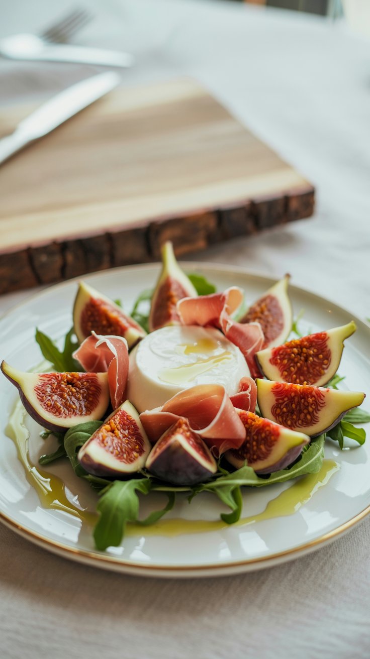 Assiette de figues, prosciutto et mozzarella sur roquette.
