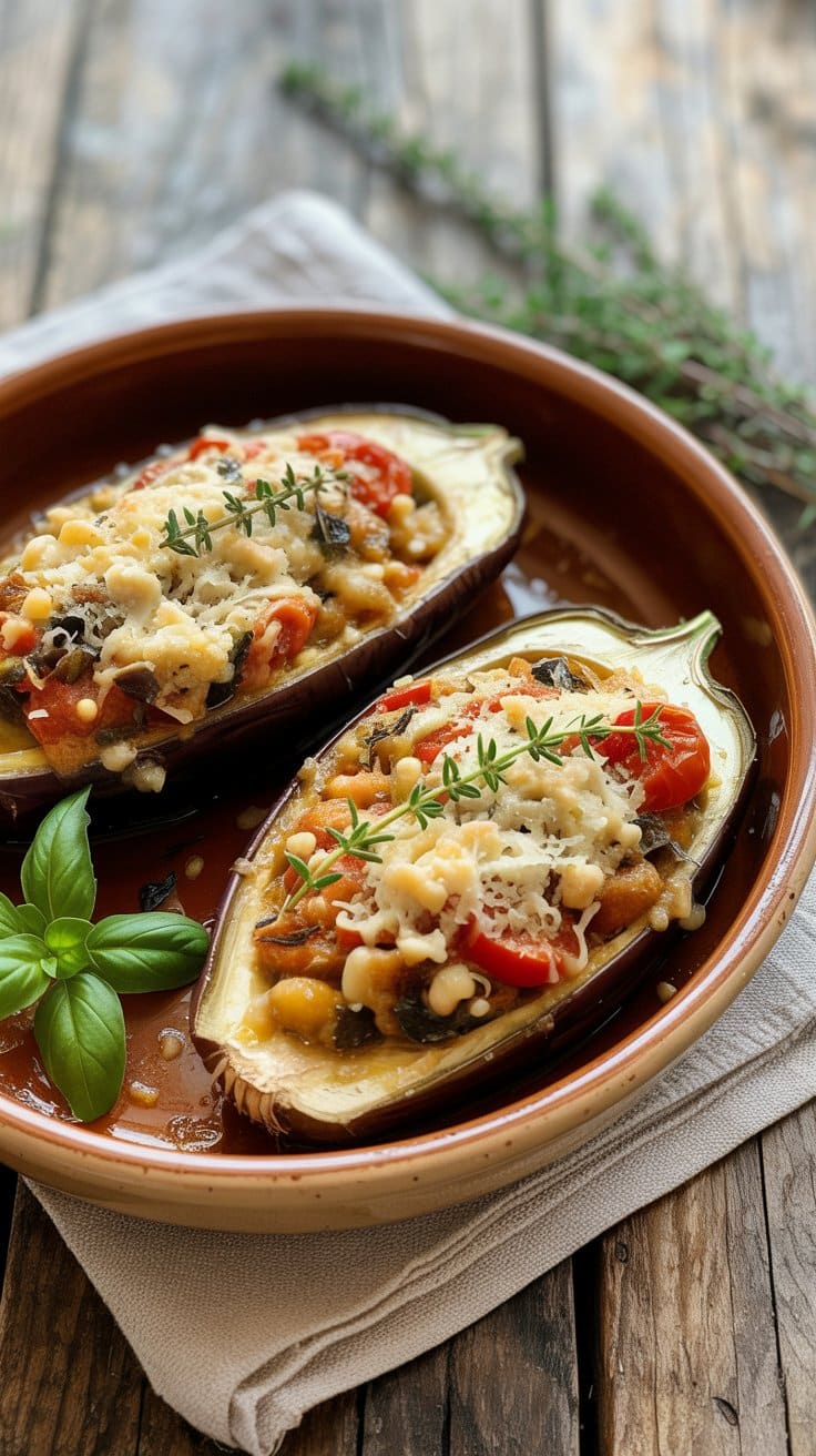 Aubergines farcies au fromage et légumes