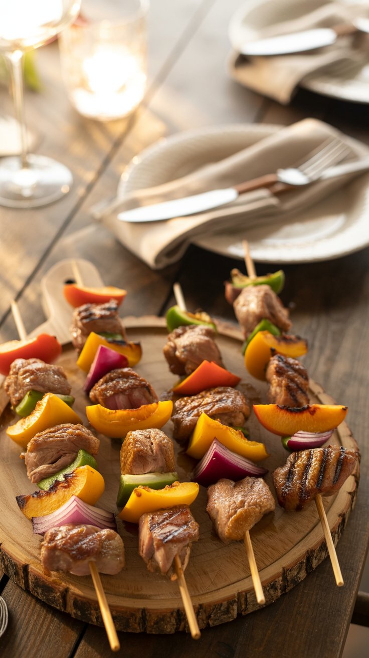 Brochettes de viande et légumes grillés sur plat.
