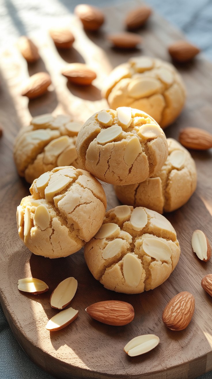 Biscuits aux amandes sur planche en bois.