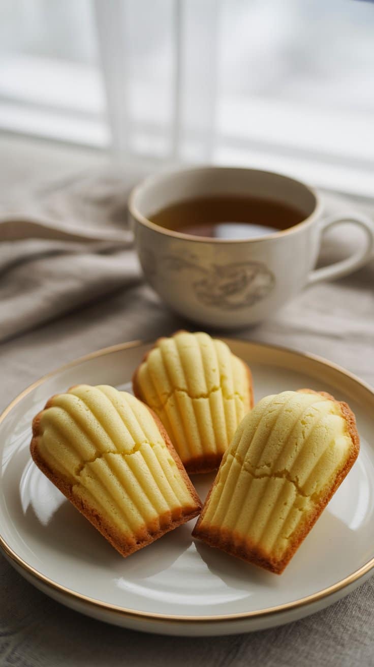 Madeleines et tasse de thé sur table.