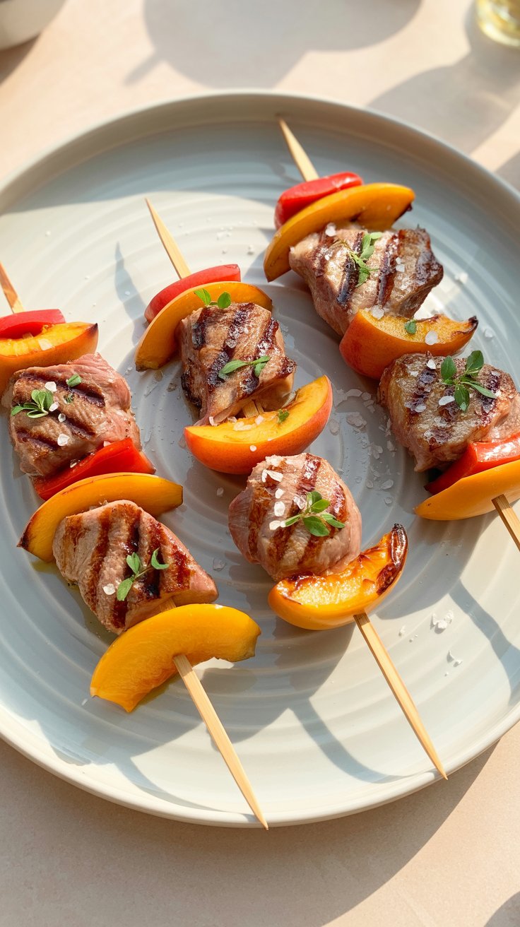 Brochettes de viande et pêche grillées sur assiette.