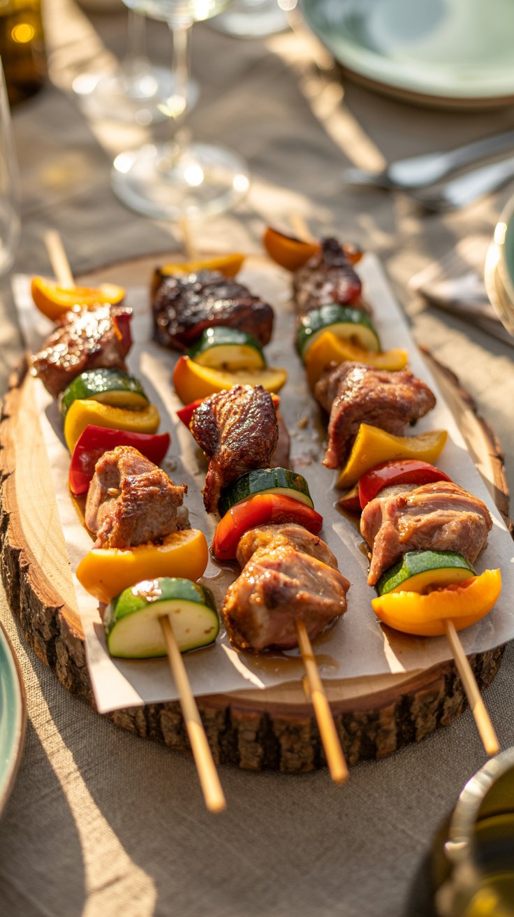 Brochettes de viande et légumes sur une table.