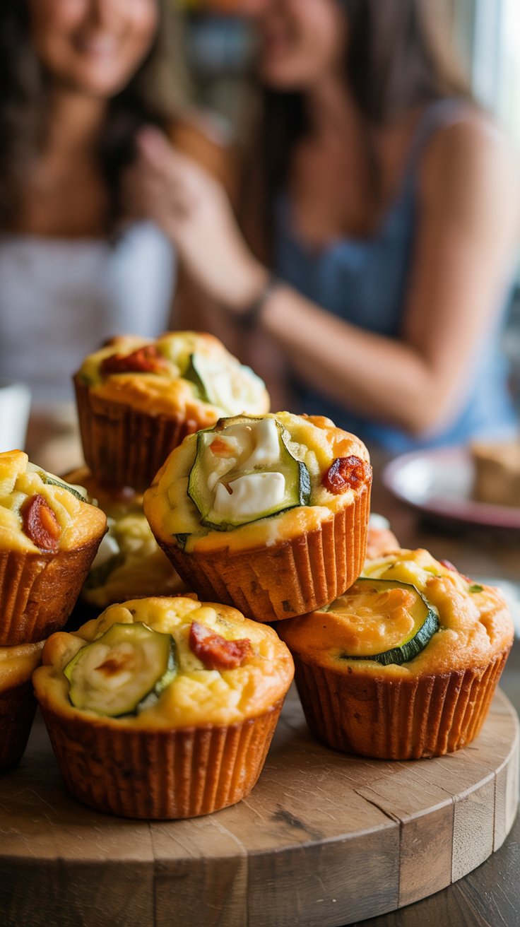 Muffins salés aux légumes sur plateau en bois.