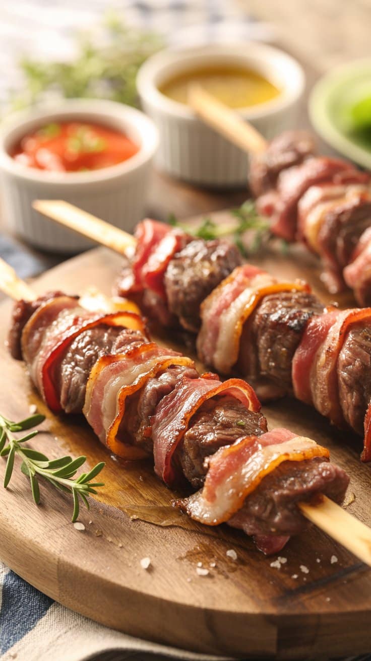 Brochettes de viande grillée avec bacon.