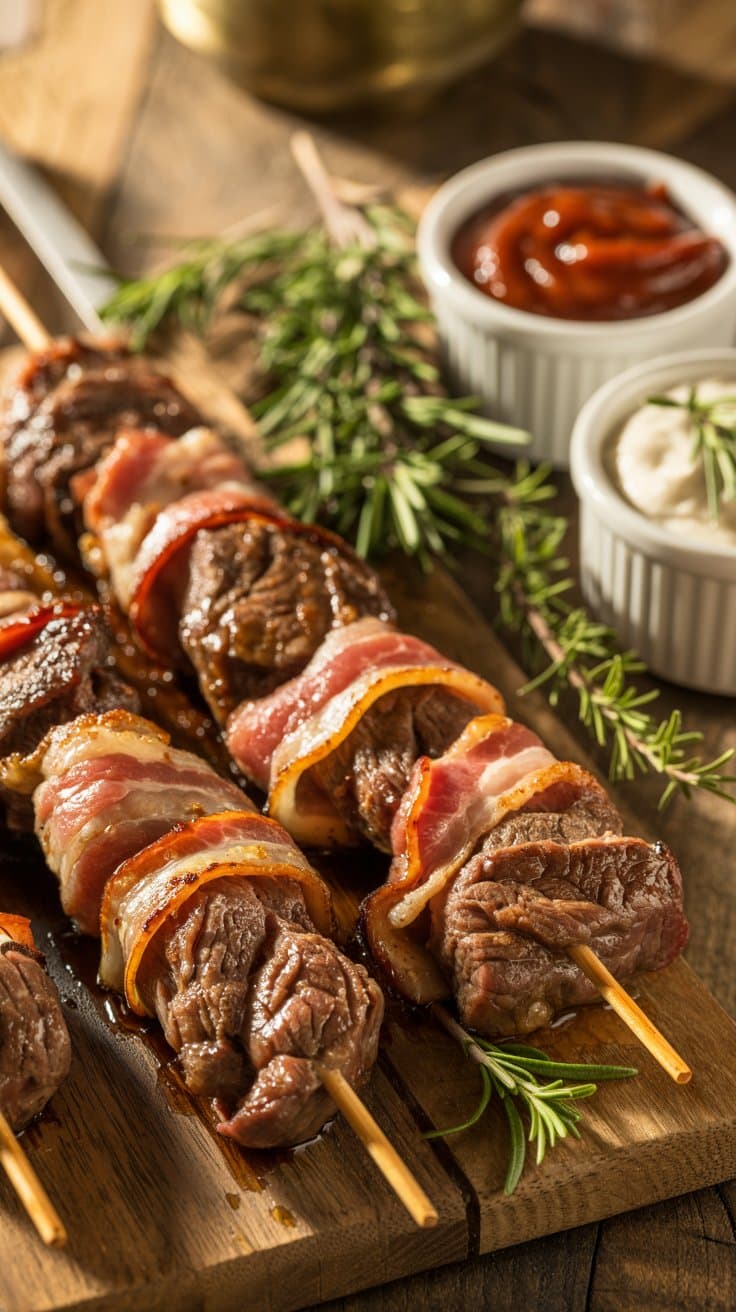 Brochettes de viande avec bacon et sauces.