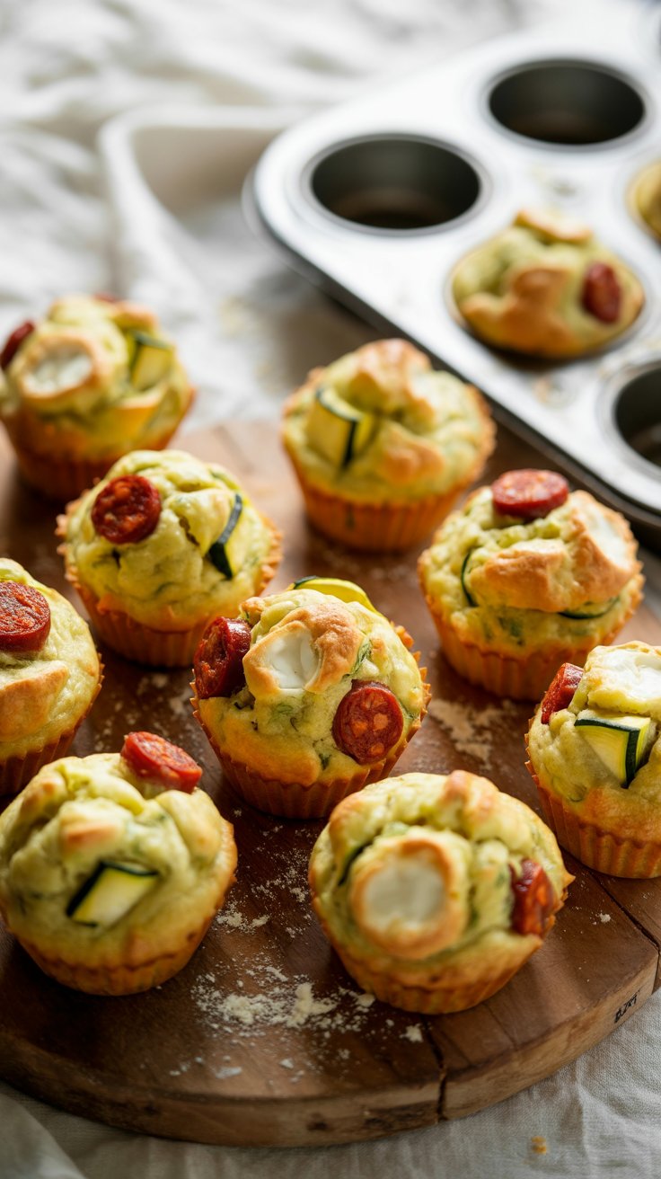 Muffins salés courgette et chorizo sur planche.
