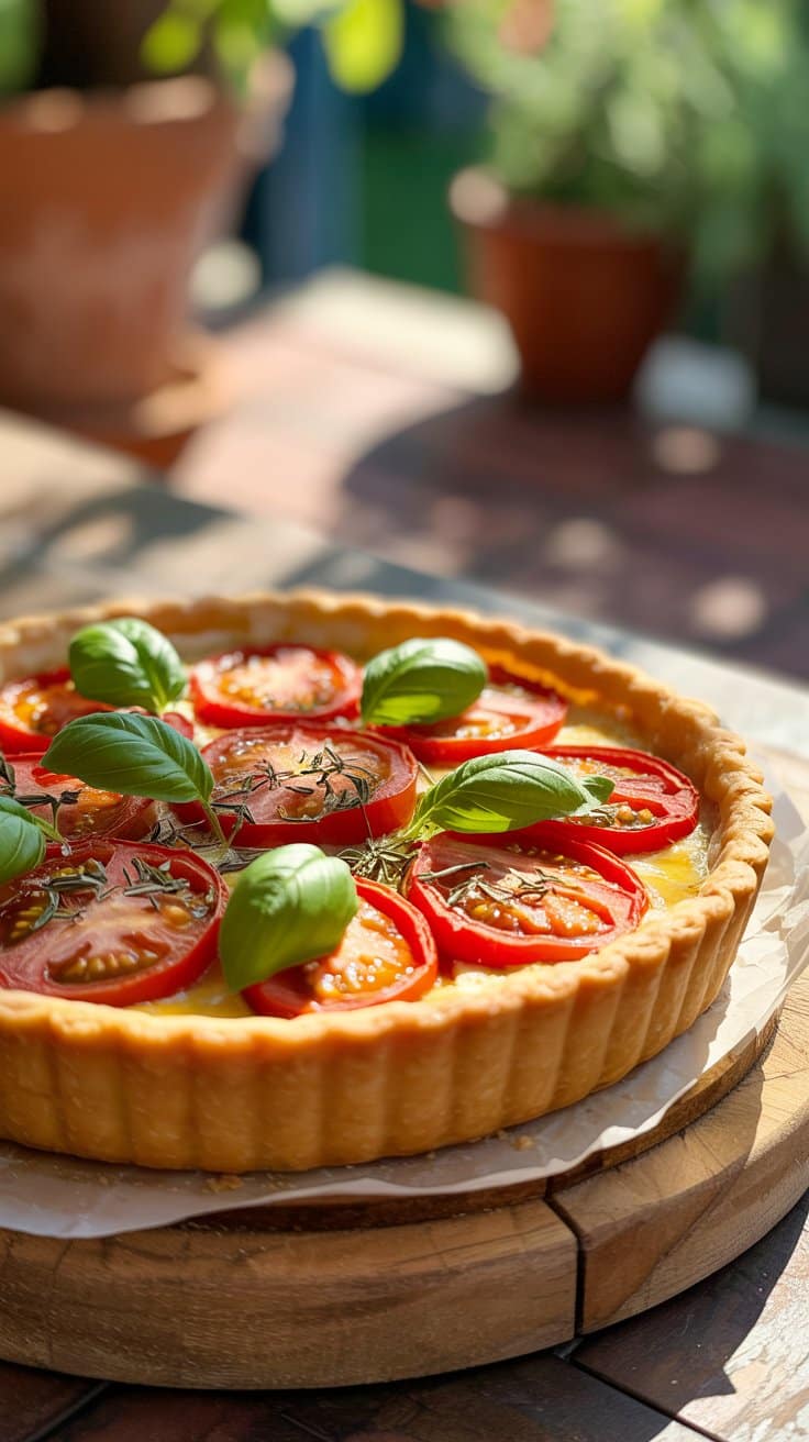 Tarte tomates basilic en plein soleil.