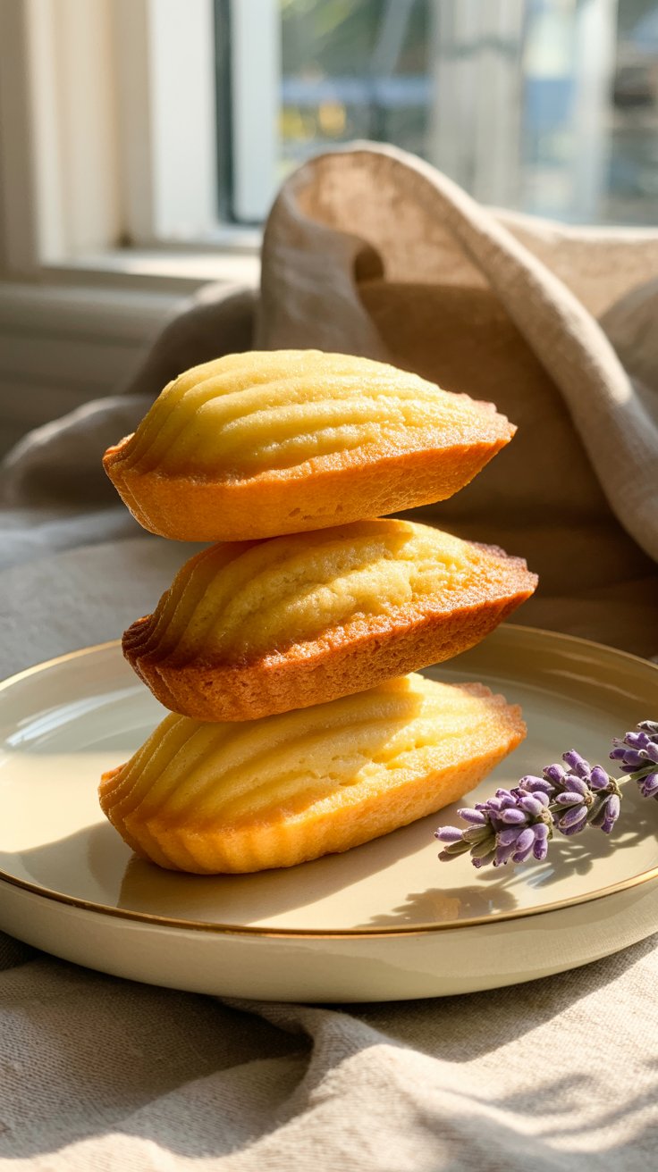 Trois madeleines empilées sur une assiette.