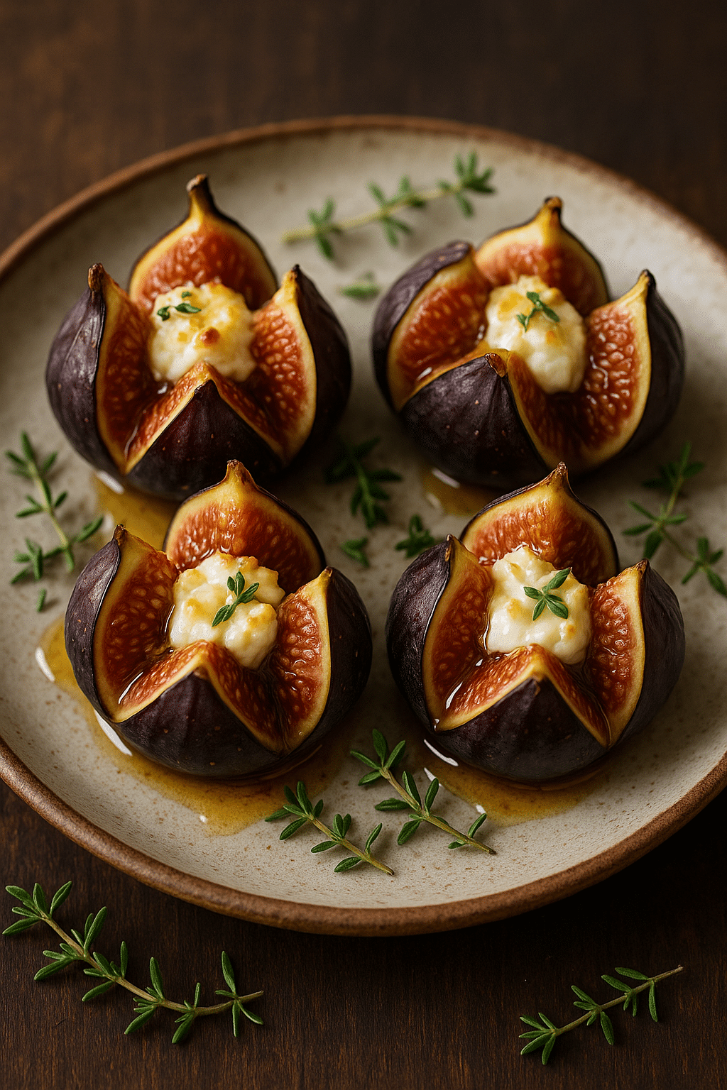 Figues rôties au fromage et miel sur assiette.