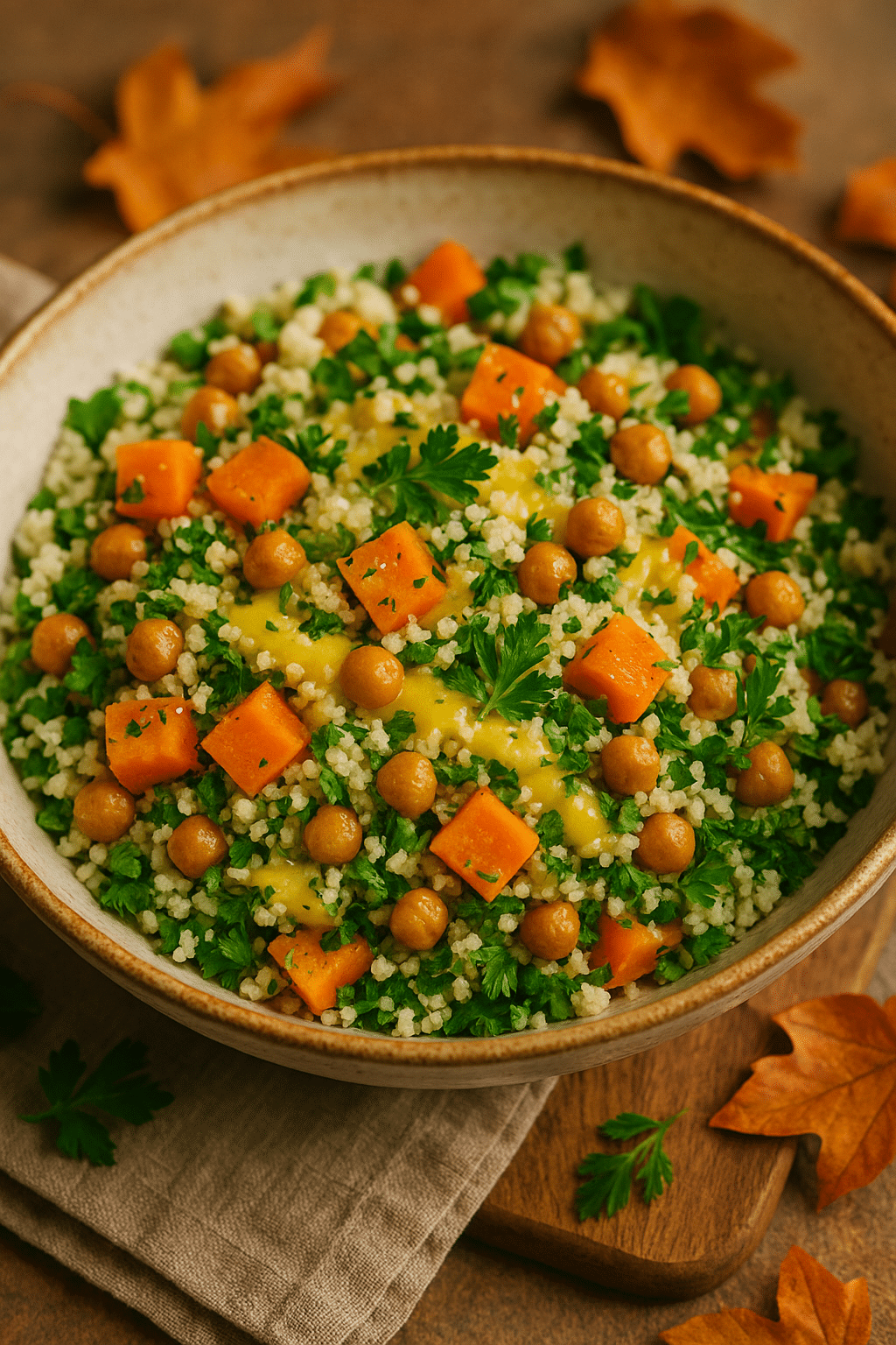 Salade de couscous, pois chiches, légumes d'automne.