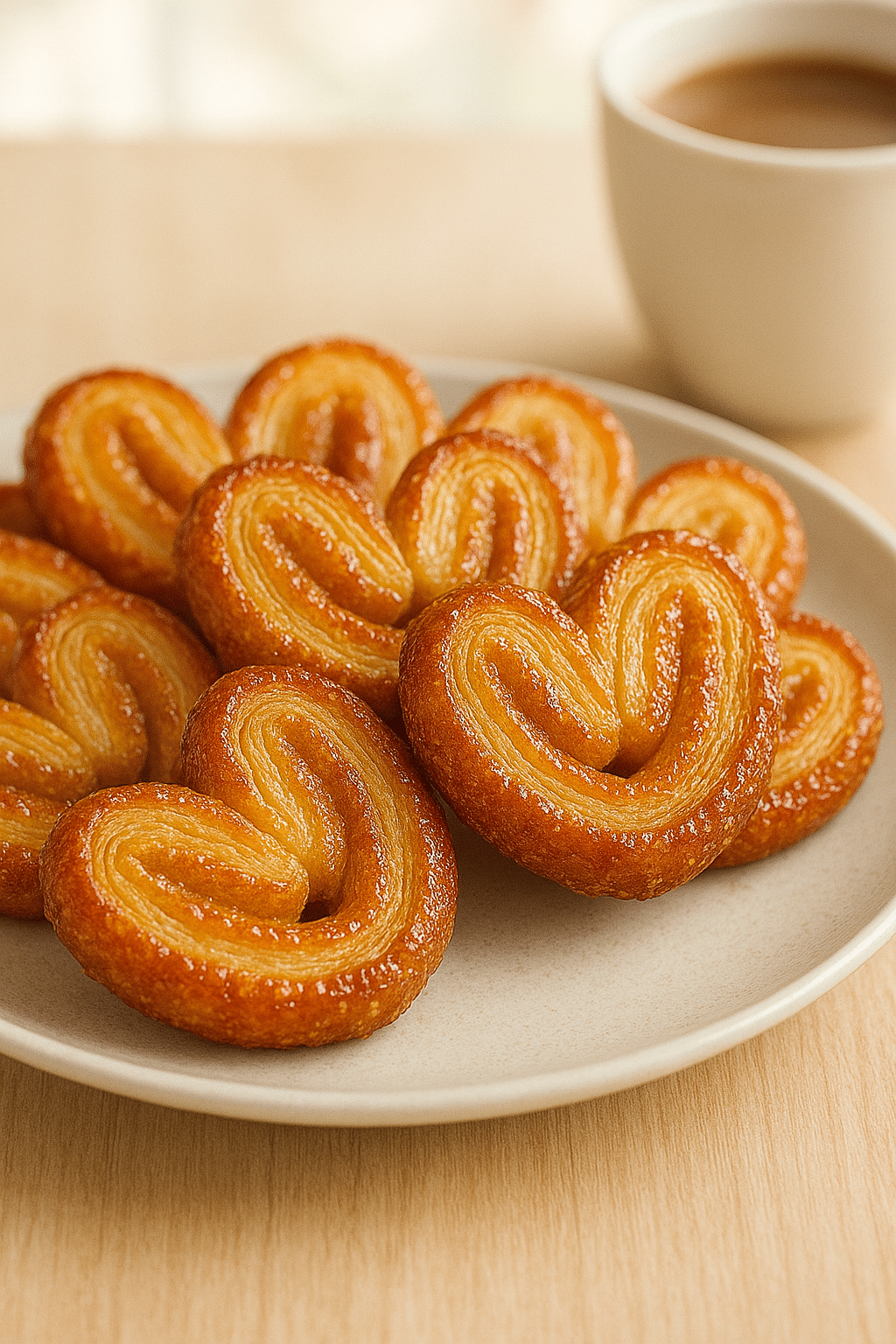 Palmiers feuilletés dorés sur assiette avec café