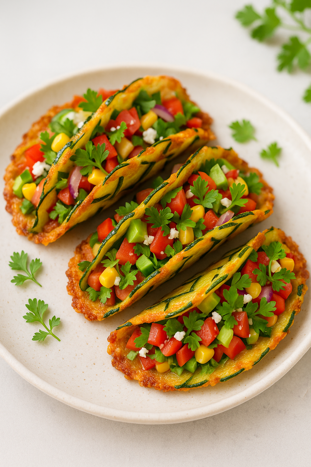 Tacos végétariens colorés aux légumes frais et persil
