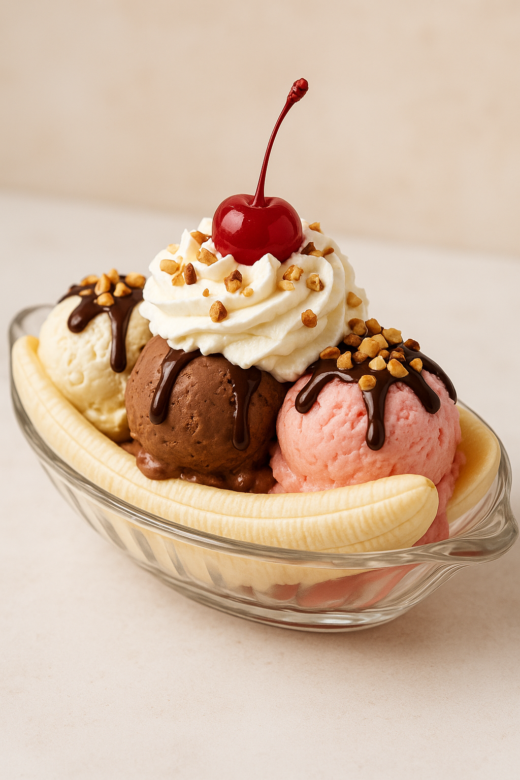 Banana split avec chantilly, chocolat, glace, cerise.