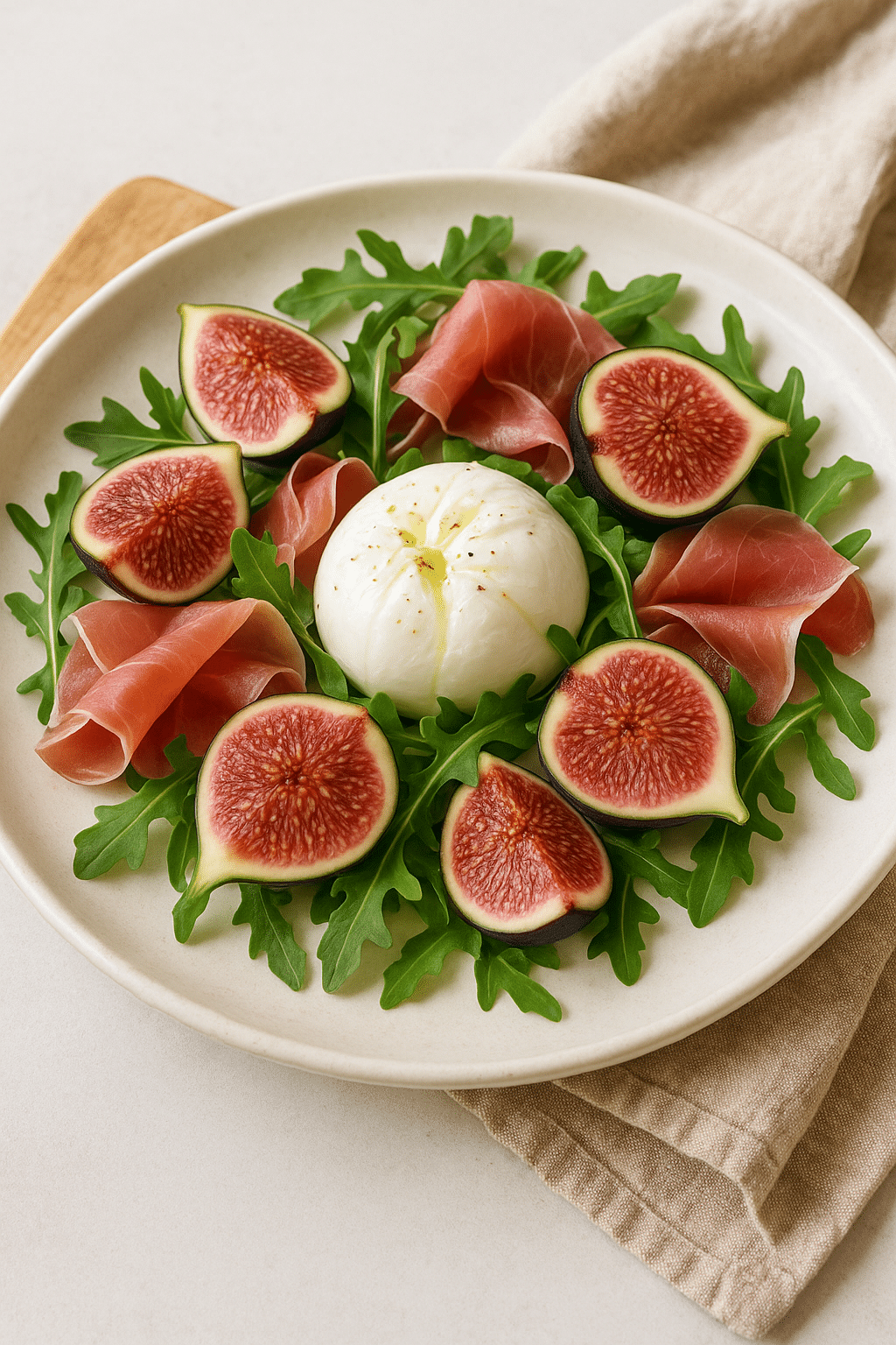 Salade avec burrata, figues, jambon et roquette.