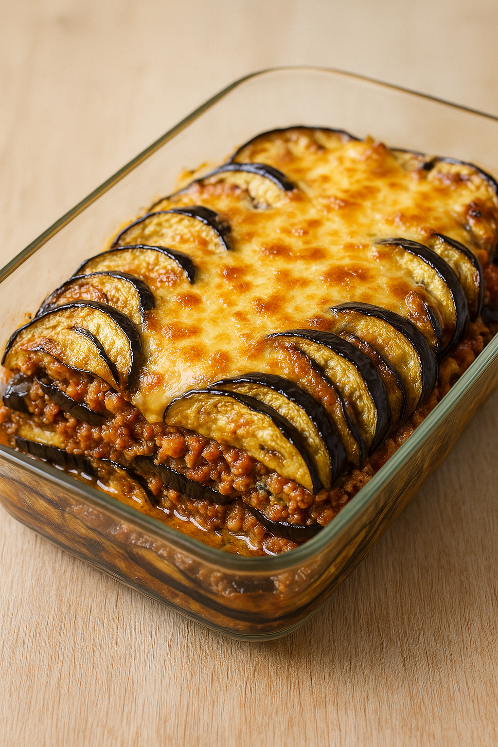 Plat de moussaka gratinée aux aubergines.