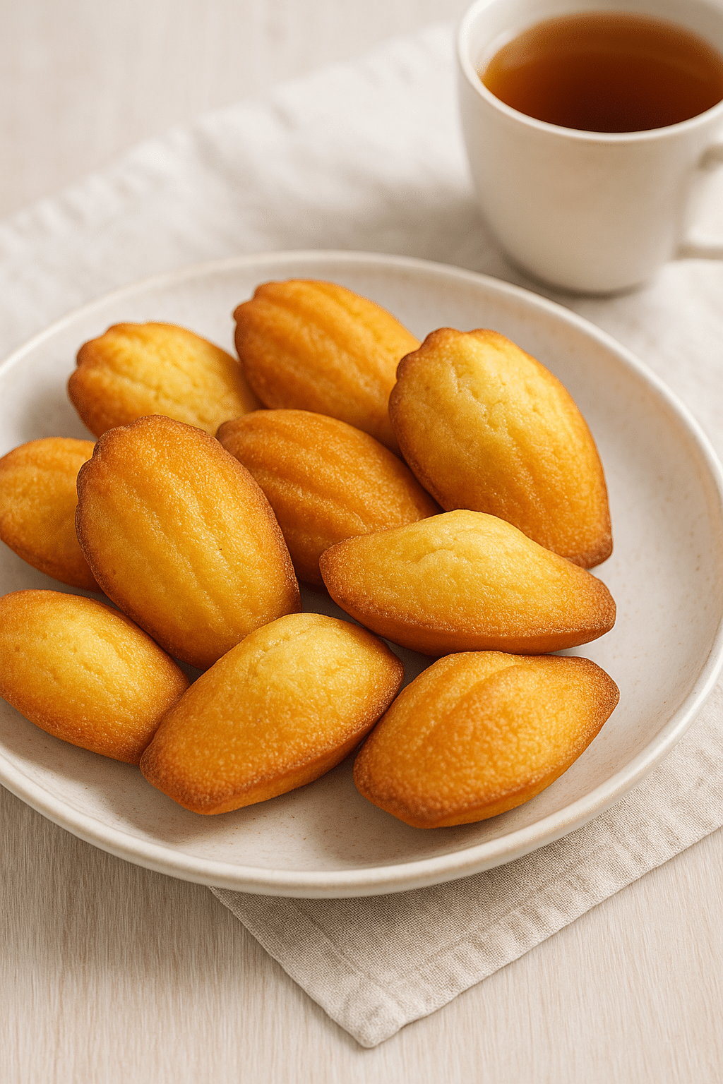 Assiette de madeleines avec tasse de thé.
