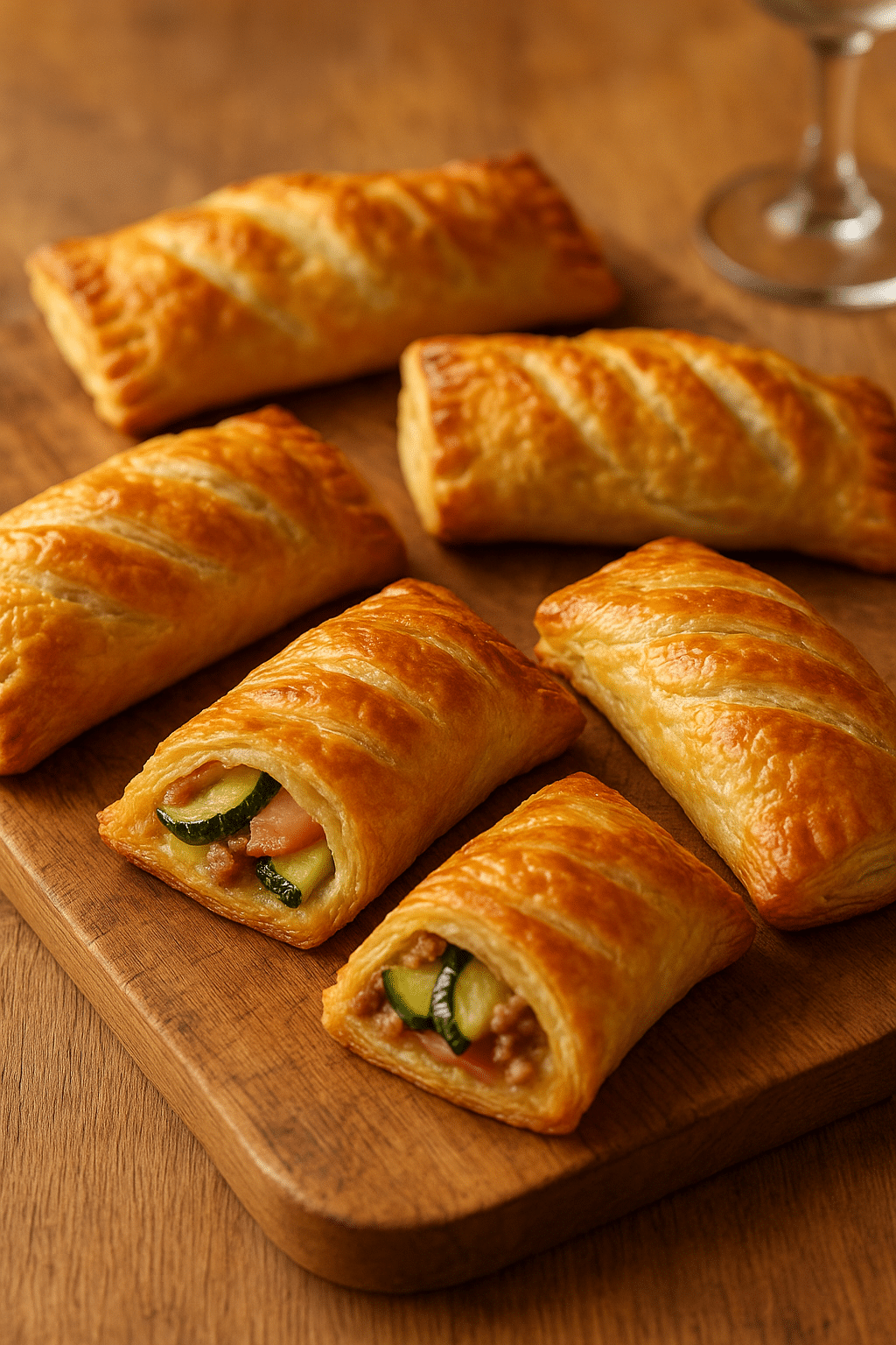 Feuilletés dorés farcis aux légumes sur planche bois.