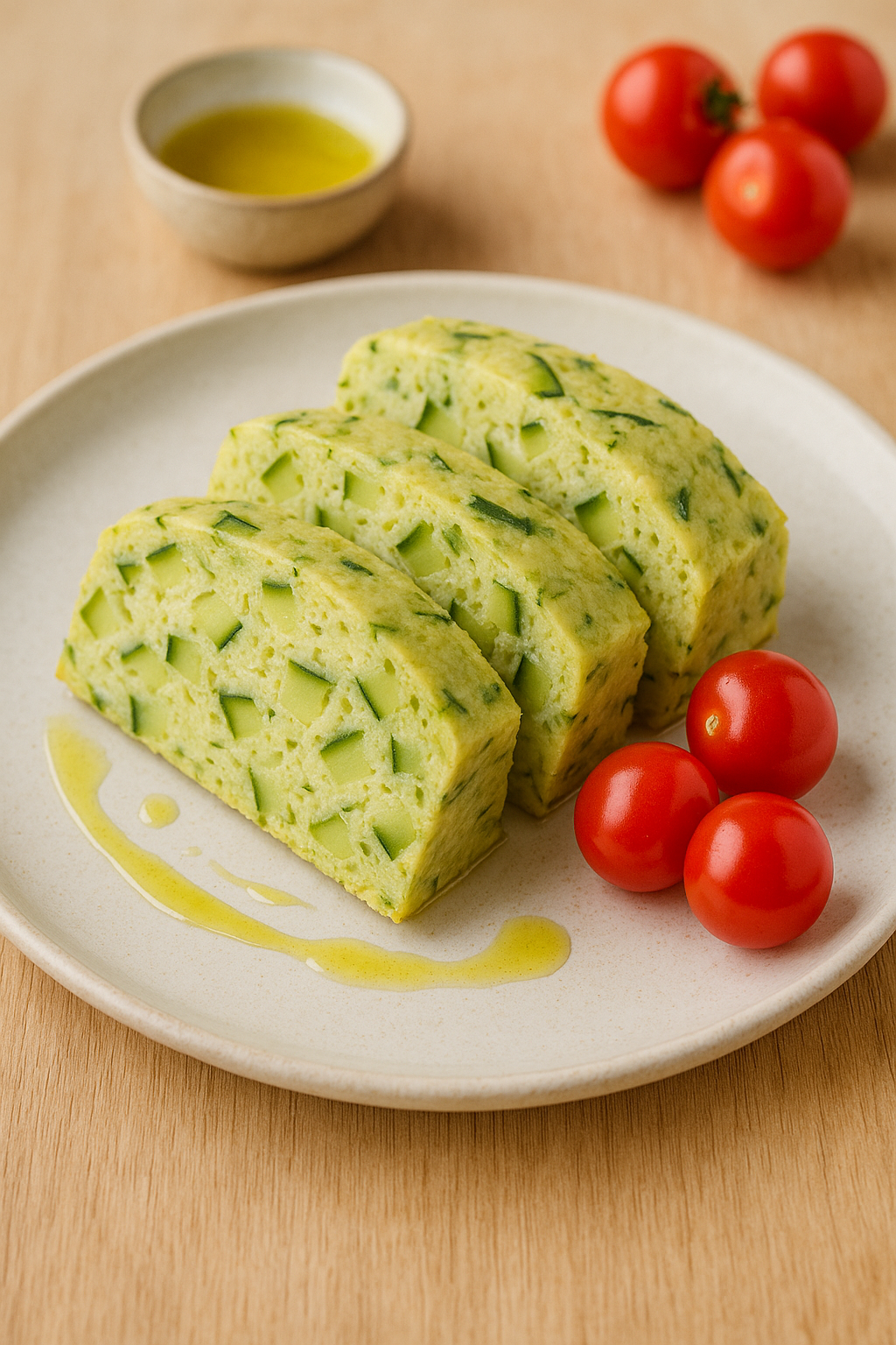 Omelette courgette, huile, tomates cerises sur assiette blanche.