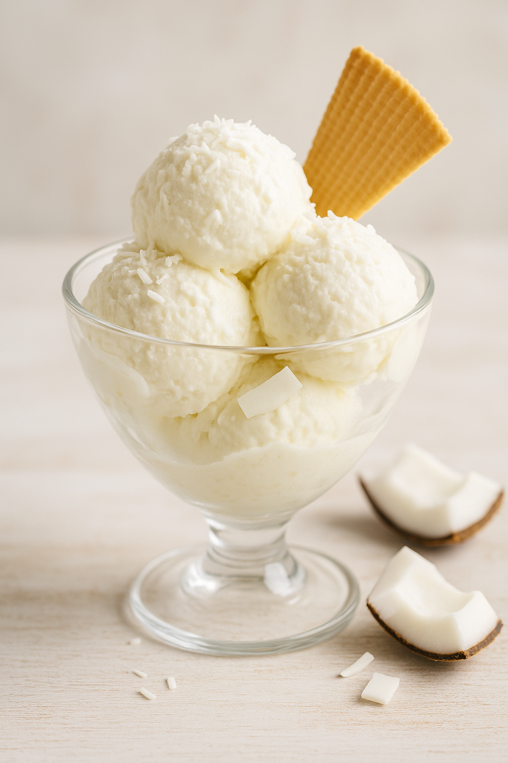 Glace coco avec cornet dans coupe transparente.