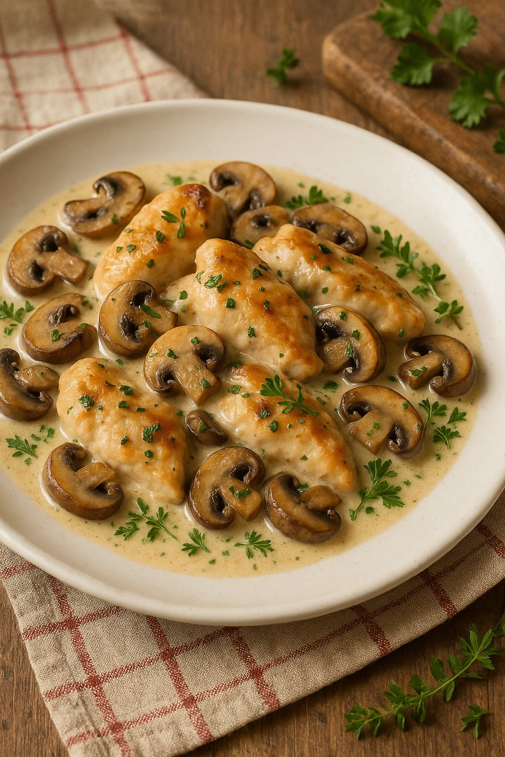 Poulet à la crème et champignons, plat gourmand.