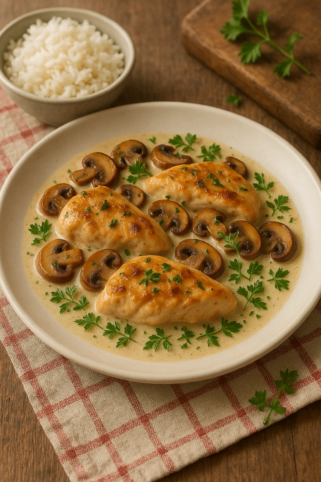 Poulet à la crème aux champignons et persil.