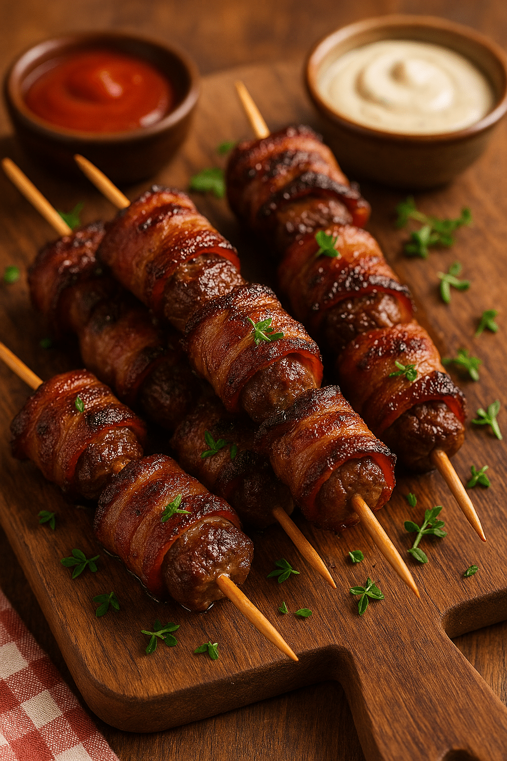 Brochettes de viande enrobées de bacon sur planche bois.