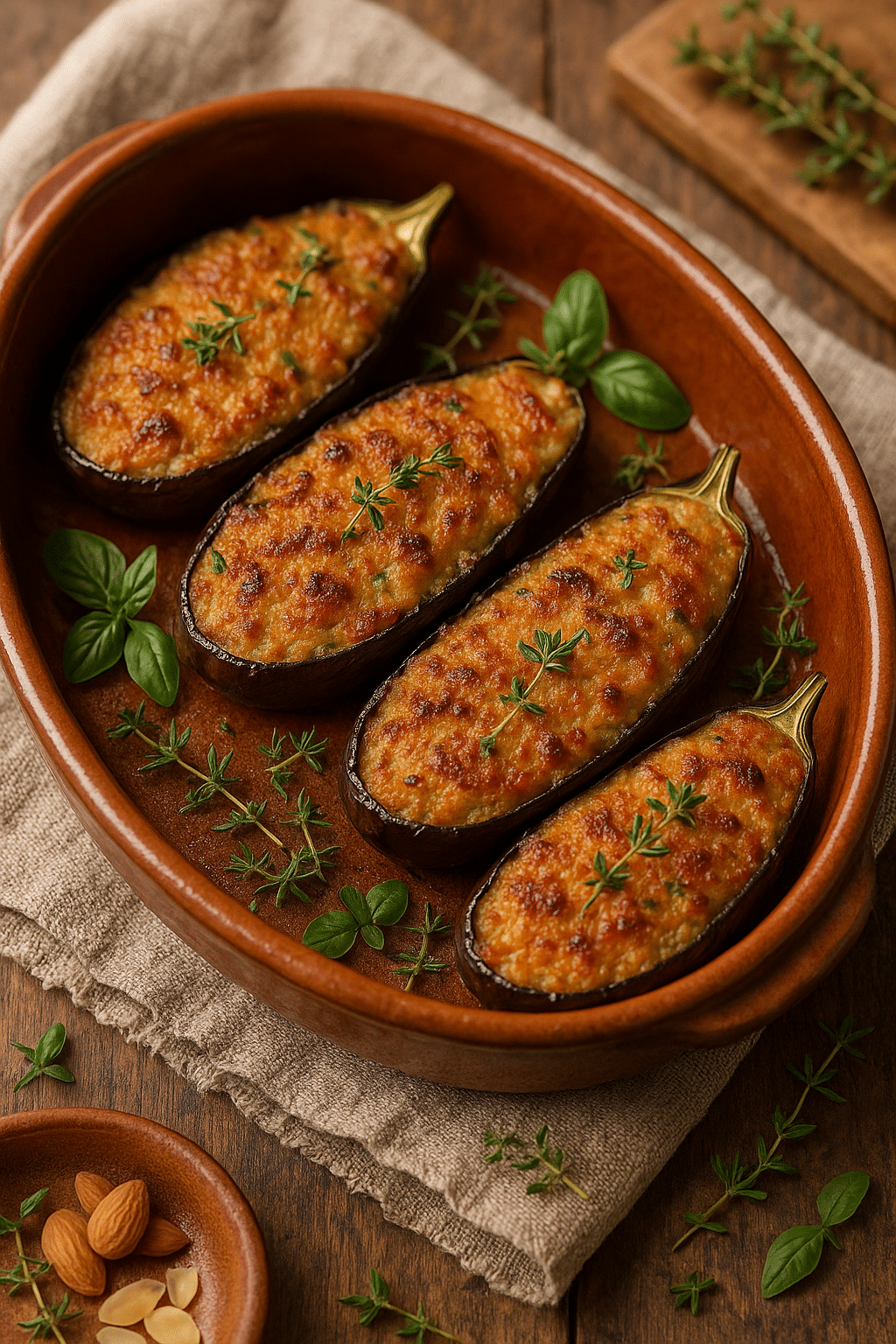 Aubergines farcies gratinées au four.