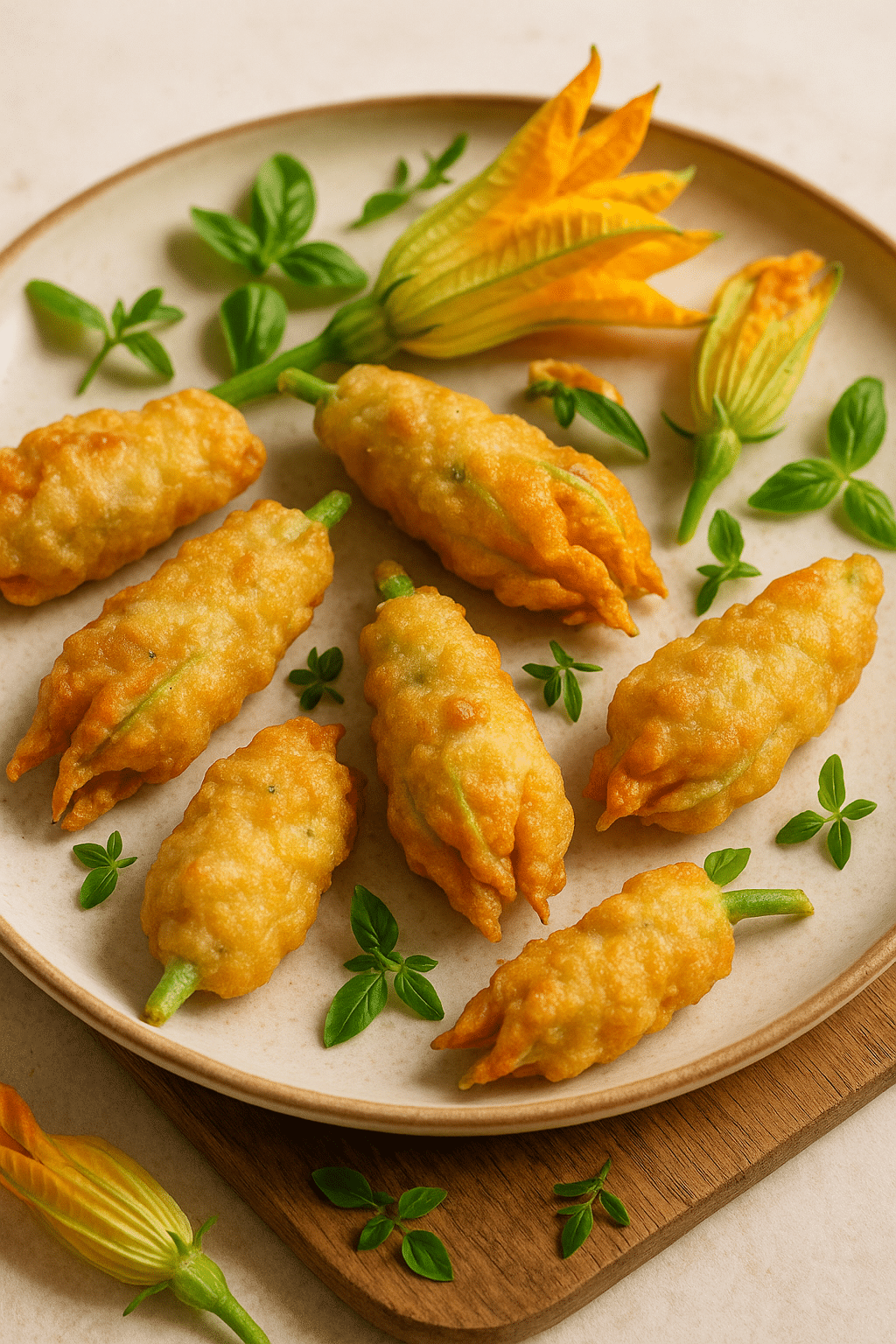 Fleurs de courgette farcies et frits sur assiette.