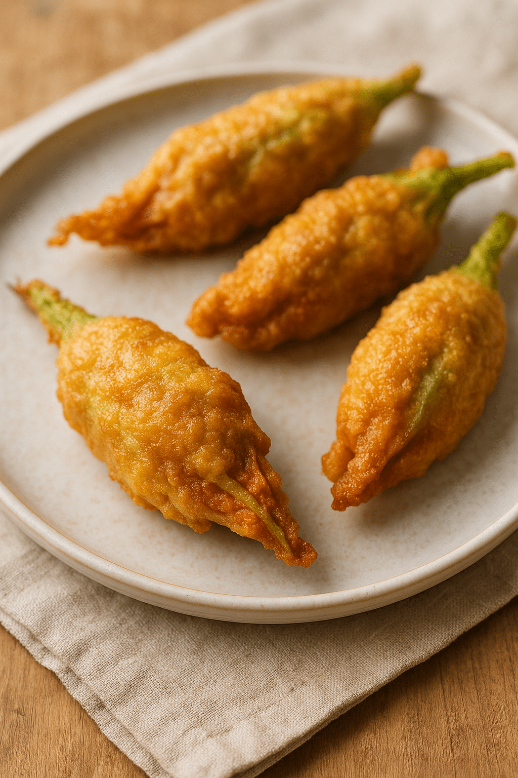 Fleurs de courgette frites sur une assiette blanche.