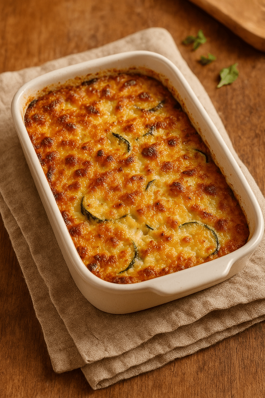 Gratin de légumes doré dans un plat blanc.