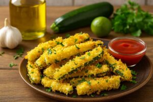 Frites de courgettes panées avec sauce tomate.